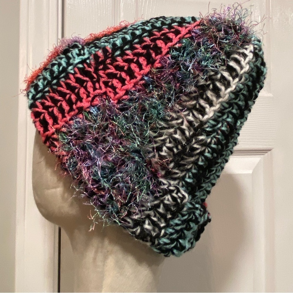 Handmade Crochet Chunky Ribbed Upcycled Multi Fiber Scrappy Yarn Beanie Hat